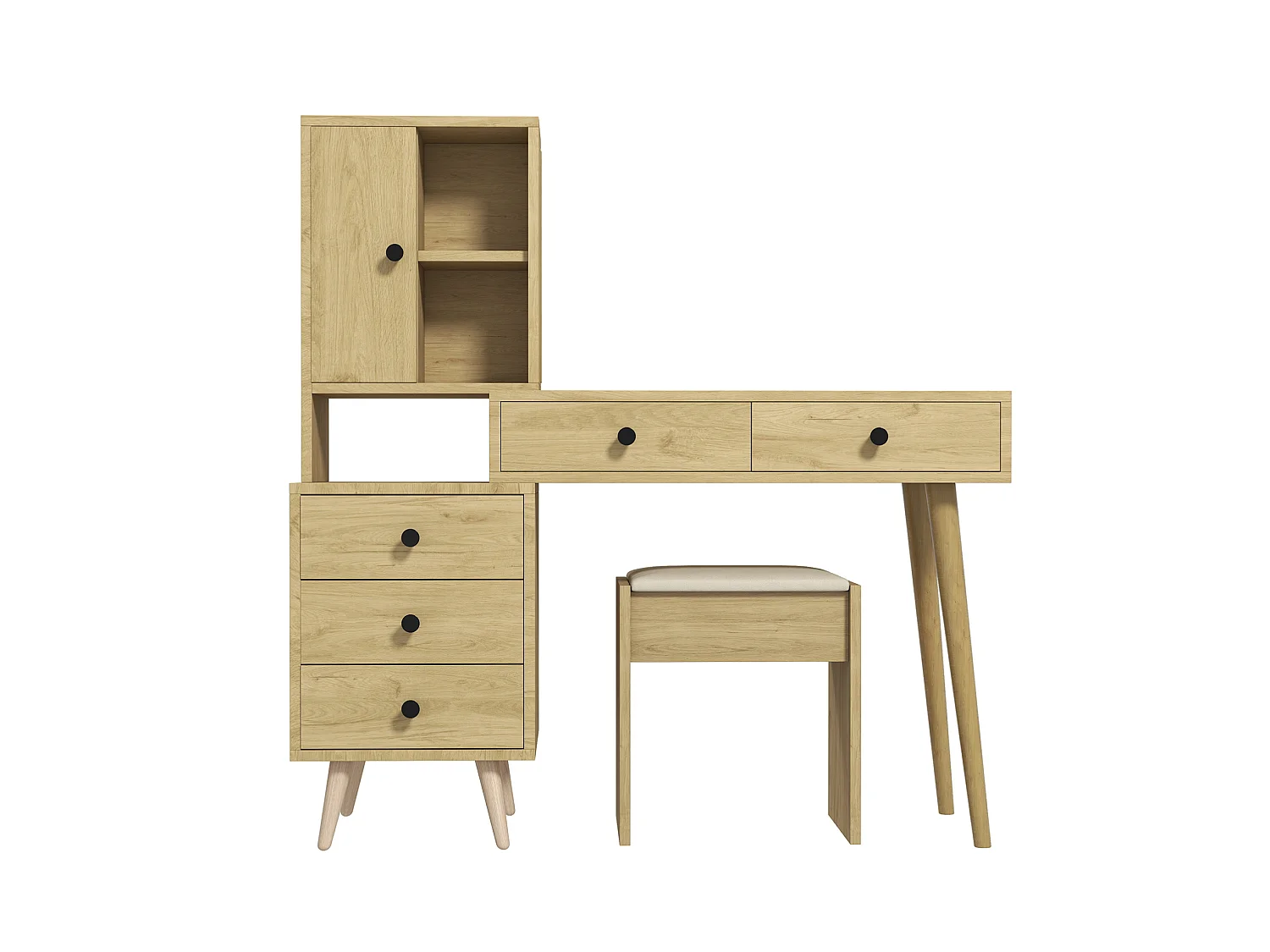 Coiffeuse avec miroir escamotable, 5 tiroirs et tabouret - Bois naturel