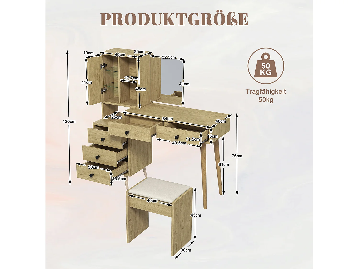 Coiffeuse avec miroir escamotable, 5 tiroirs et tabouret - Bois naturel
