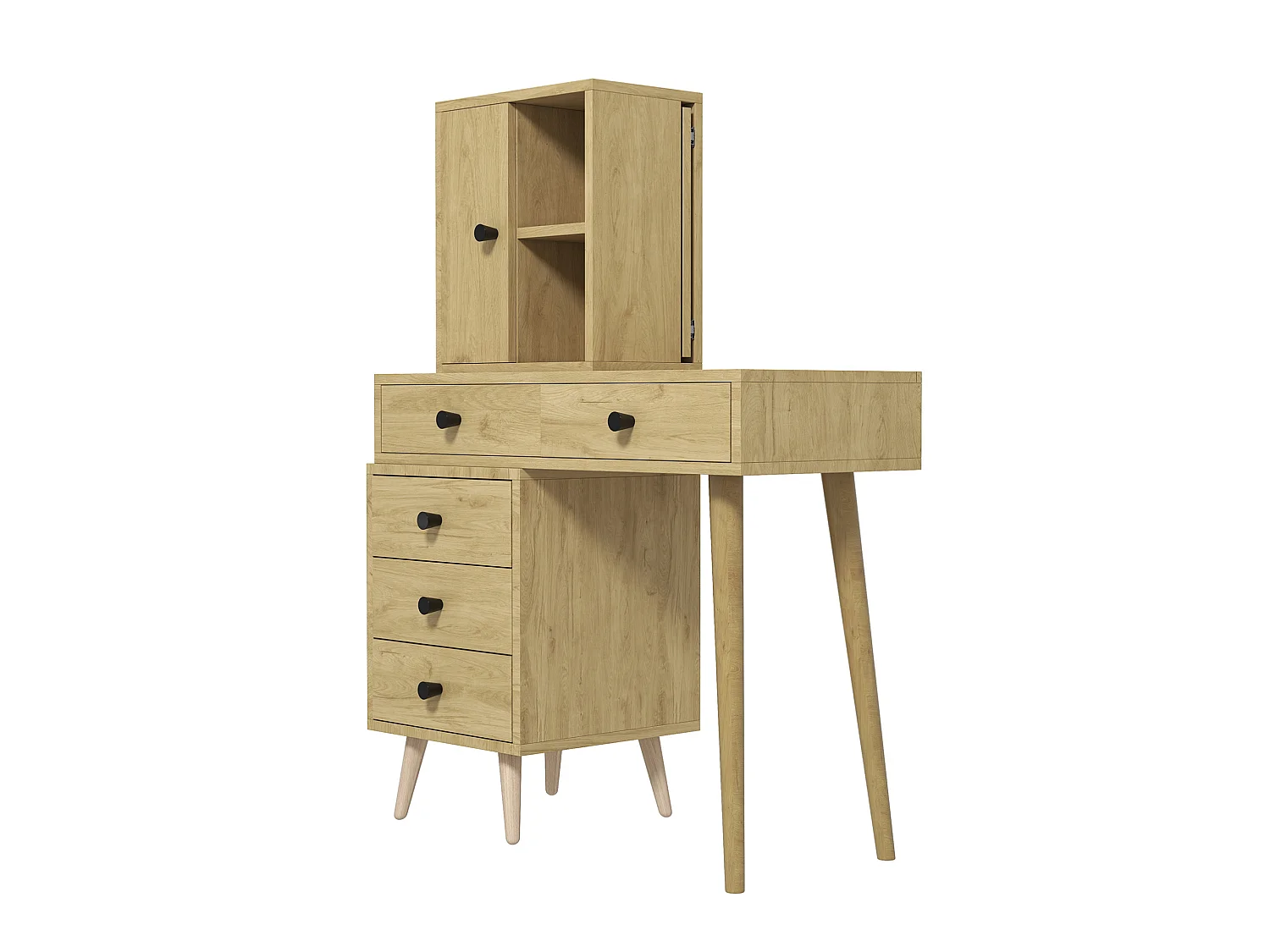 Coiffeuse avec miroir escamotable, 5 tiroirs et tabouret - Bois naturel