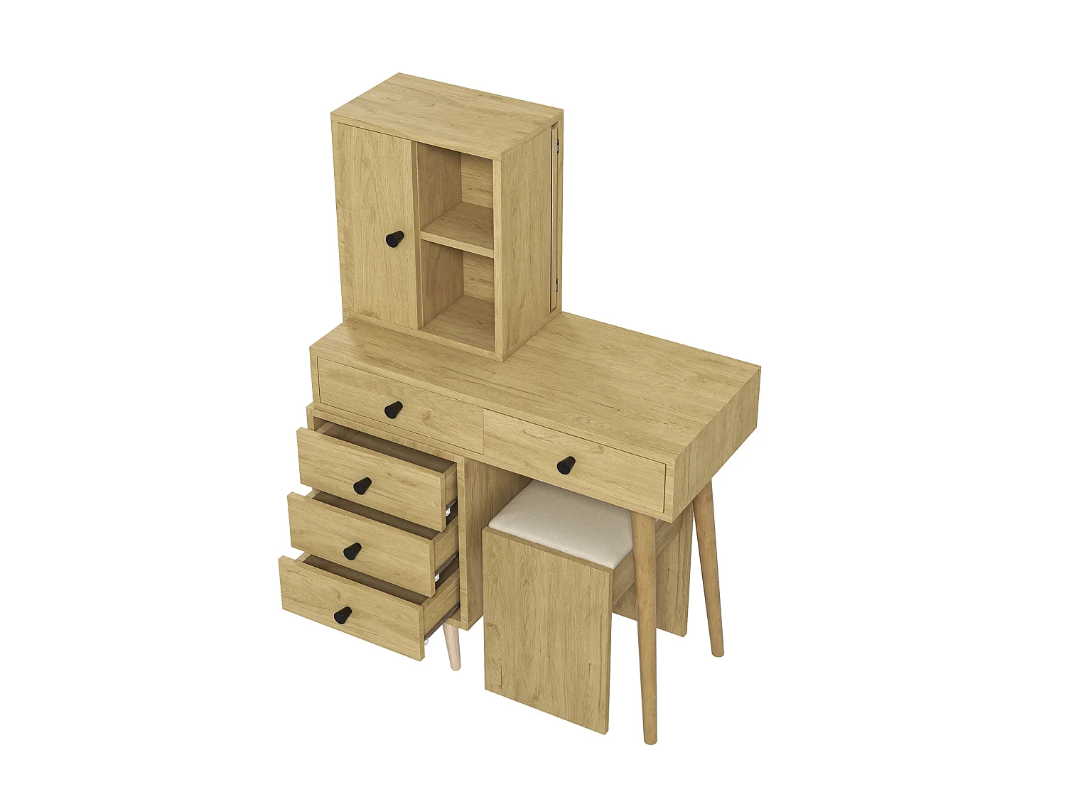 Coiffeuse avec miroir escamotable, 5 tiroirs et tabouret - Bois naturel