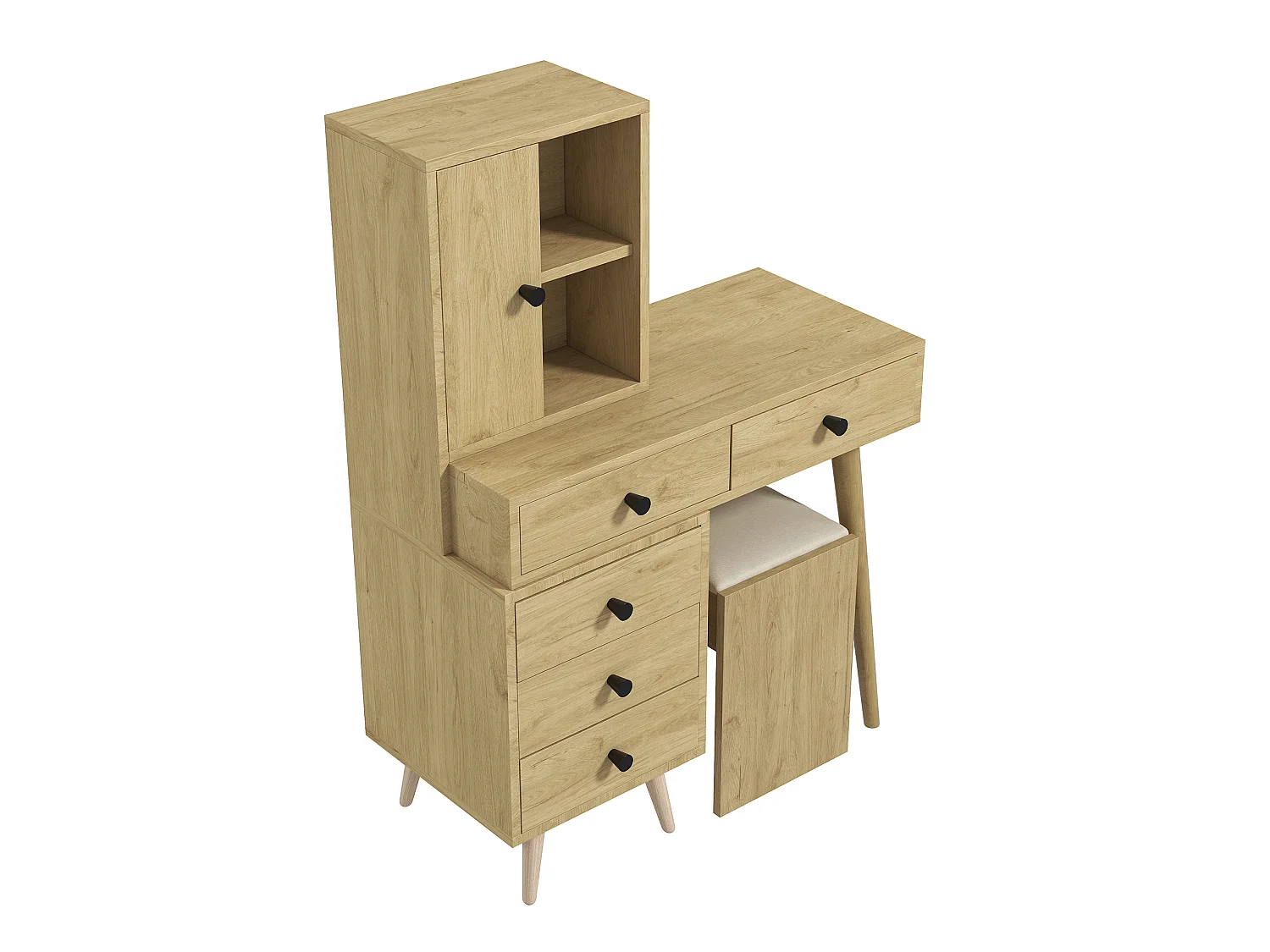 Coiffeuse avec miroir escamotable, 5 tiroirs et tabouret - Bois naturel
