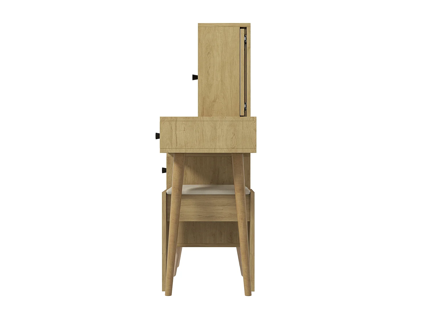 Coiffeuse avec miroir escamotable, 5 tiroirs et tabouret - Bois naturel