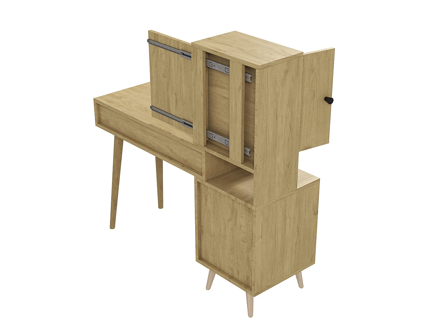 Coiffeuse avec miroir escamotable, 5 tiroirs et tabouret - Bois naturel