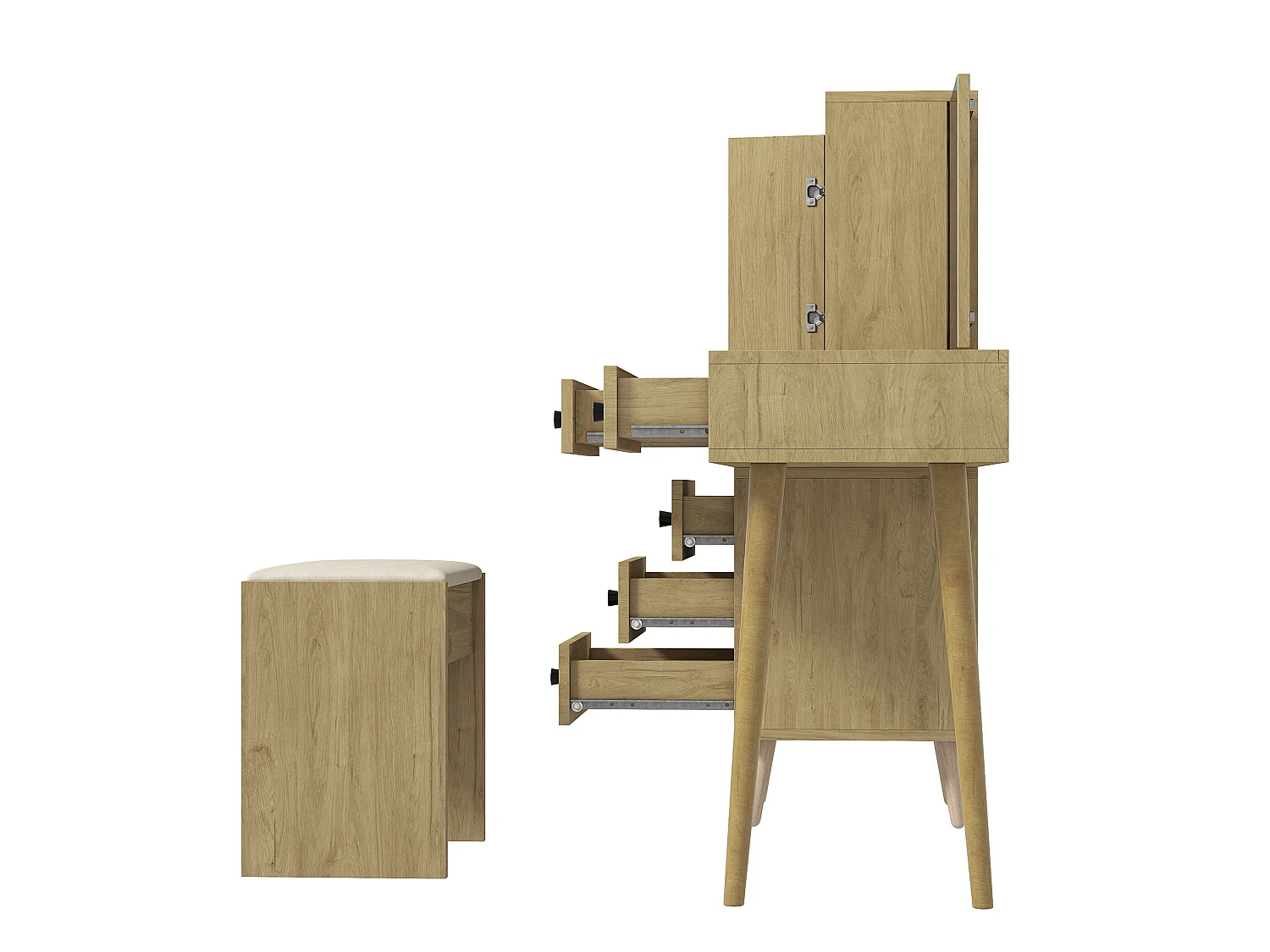 Coiffeuse avec miroir escamotable, 5 tiroirs et tabouret - Bois naturel