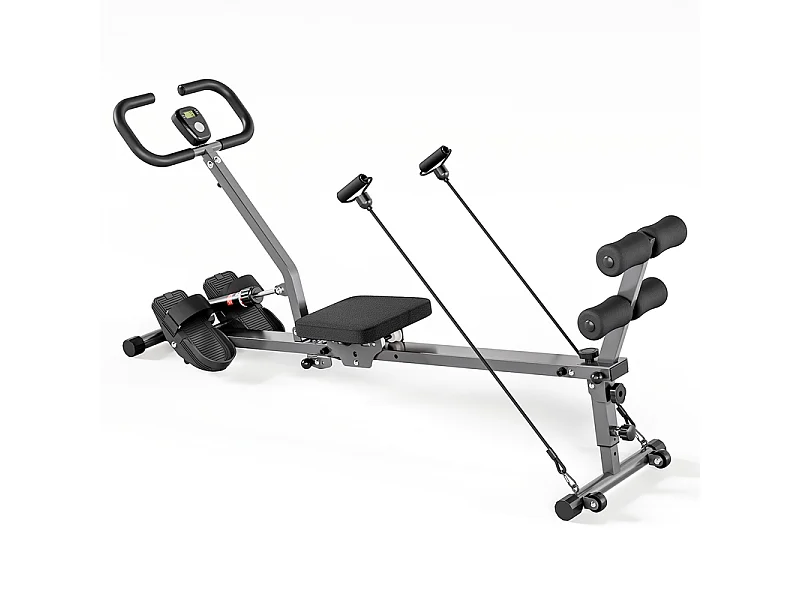Kompakt fitness ro-maskine - med LCD skærm, modstandsbånd og maveapparat - 12 modstandsniveauer
