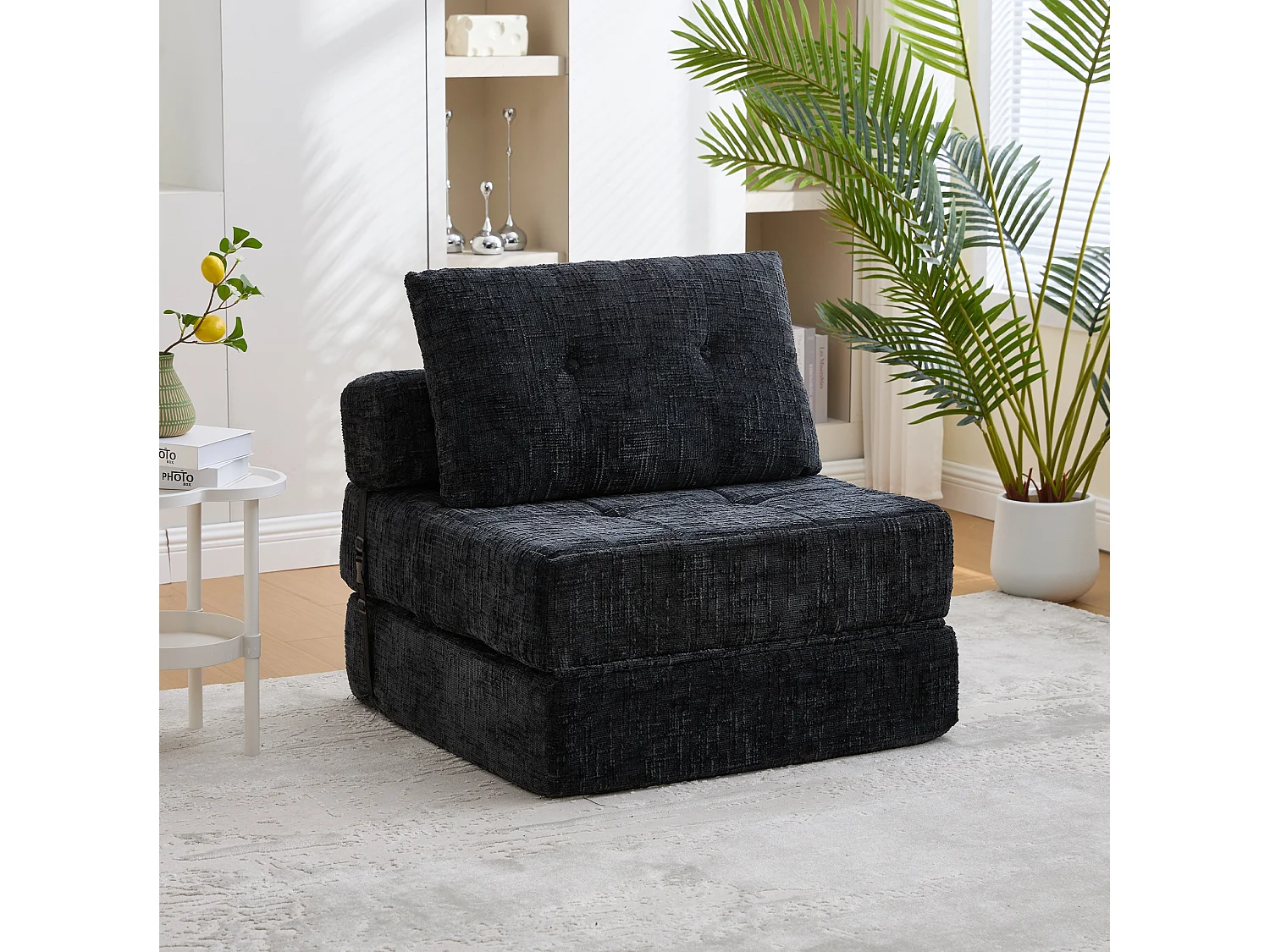 Opklapbare fauteuil van chenille met kussens - voor woonkamer en slaapkamer - zwart