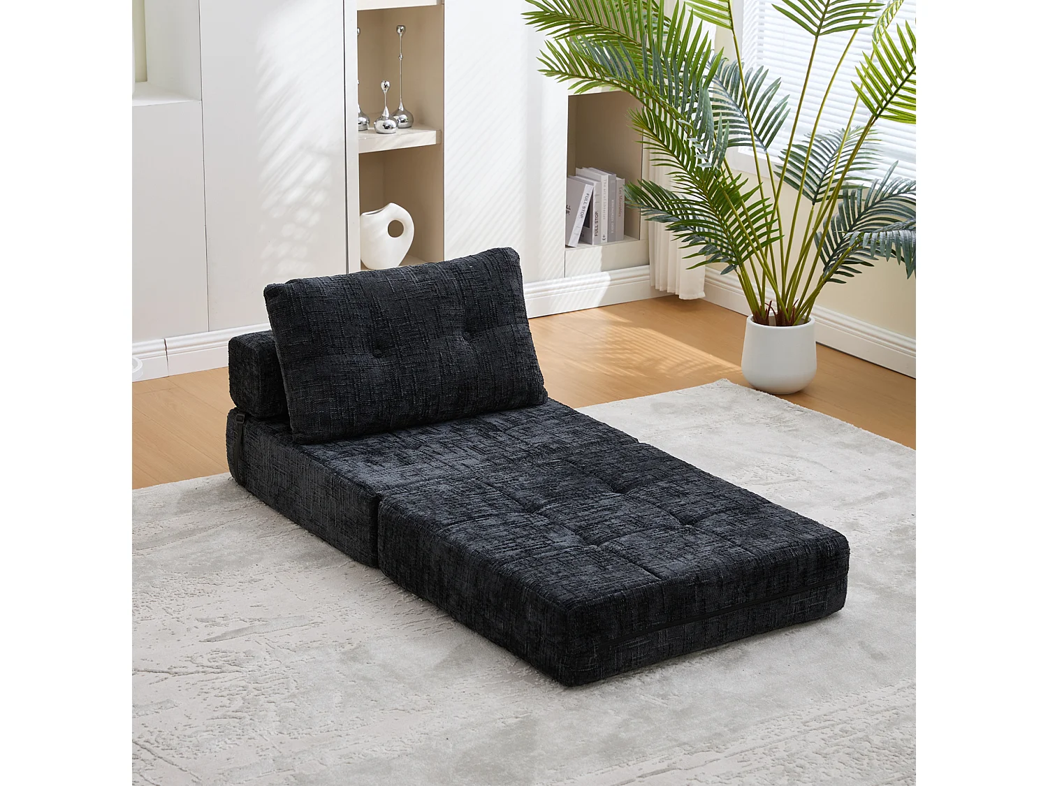 Opklapbare fauteuil van chenille met kussens - voor woonkamer en slaapkamer - zwart