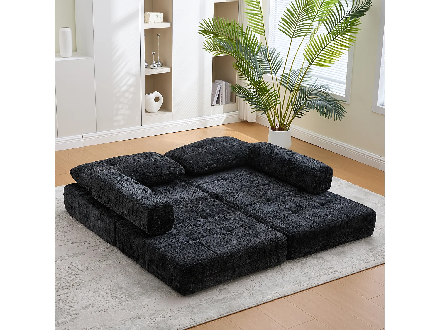 Opklapbare fauteuil van chenille met kussens - voor woonkamer en slaapkamer - zwart