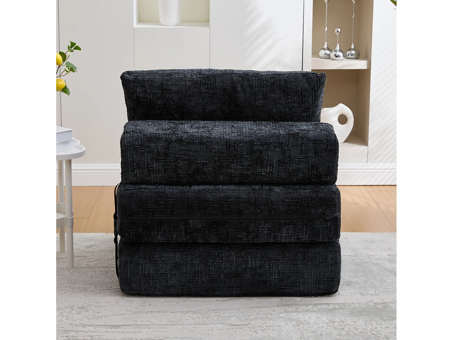 Opklapbare fauteuil van chenille met kussens - voor woonkamer en slaapkamer - zwart