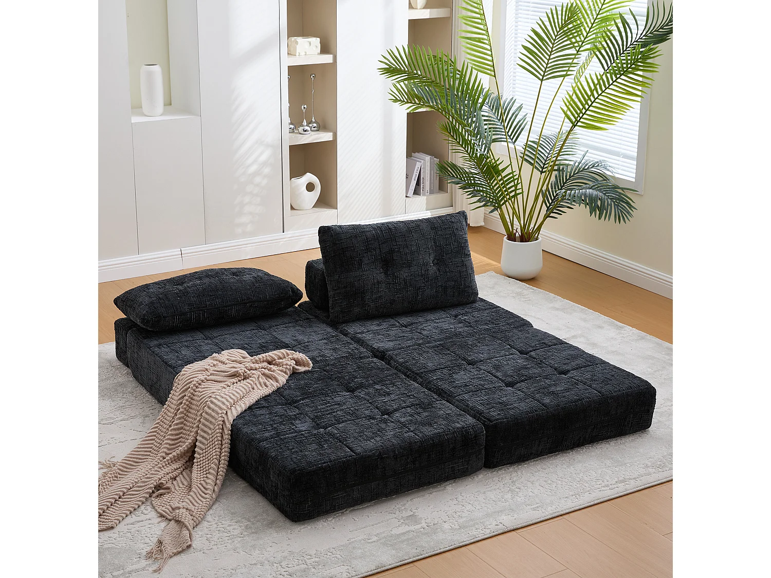 Opklapbare fauteuil van chenille met kussens - voor woonkamer en slaapkamer - zwart