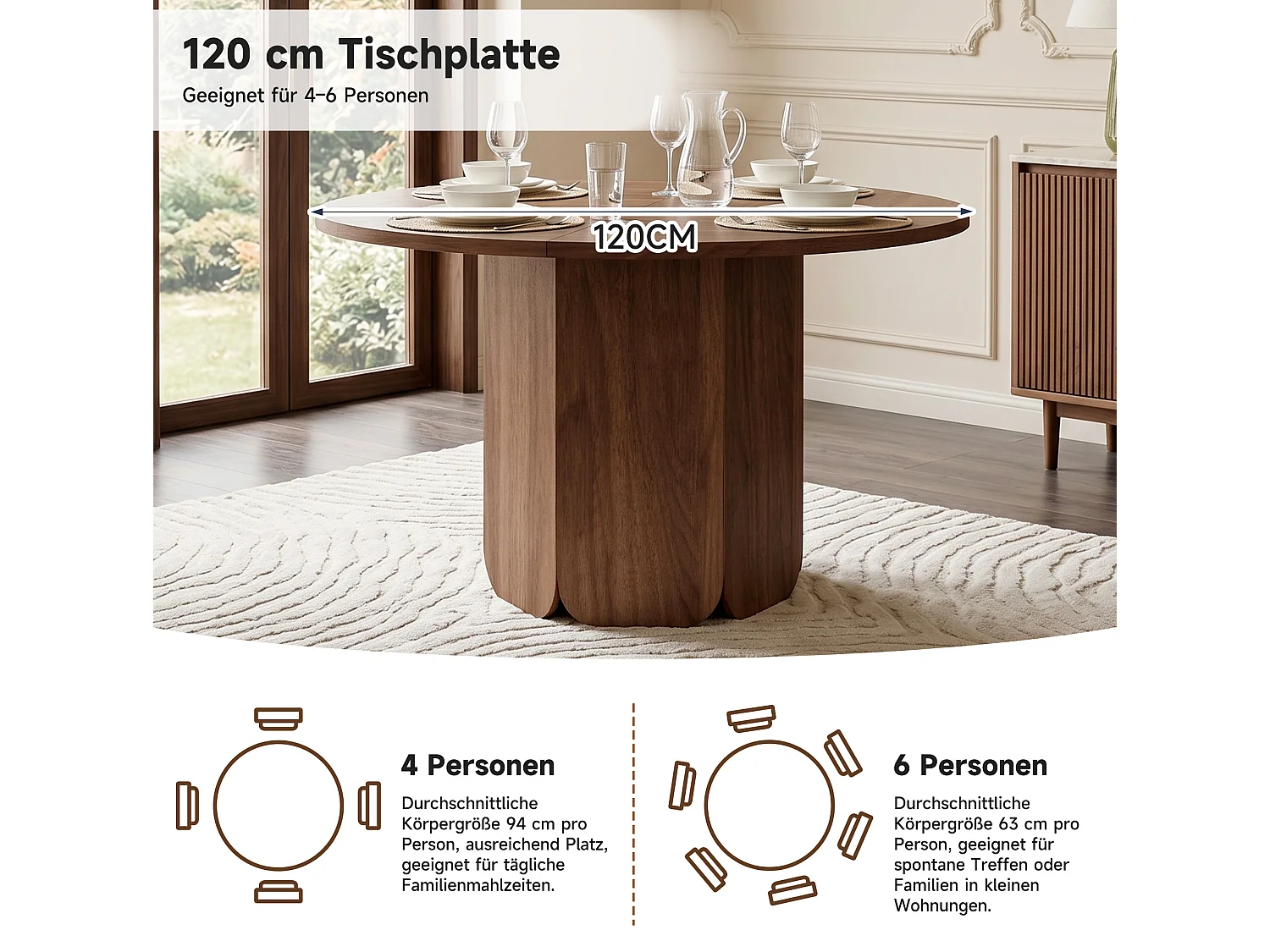 Table à manger ronde 120 cm pour 4 à 6 personnes - Design classique - Marron