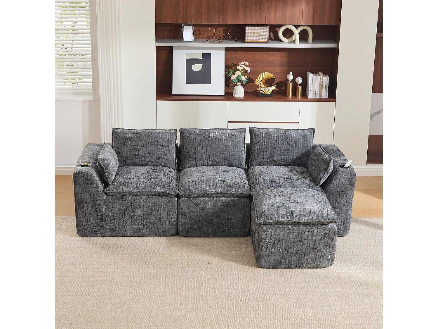 Canapé 3 places avec pouf en tissu chenille gris foncé