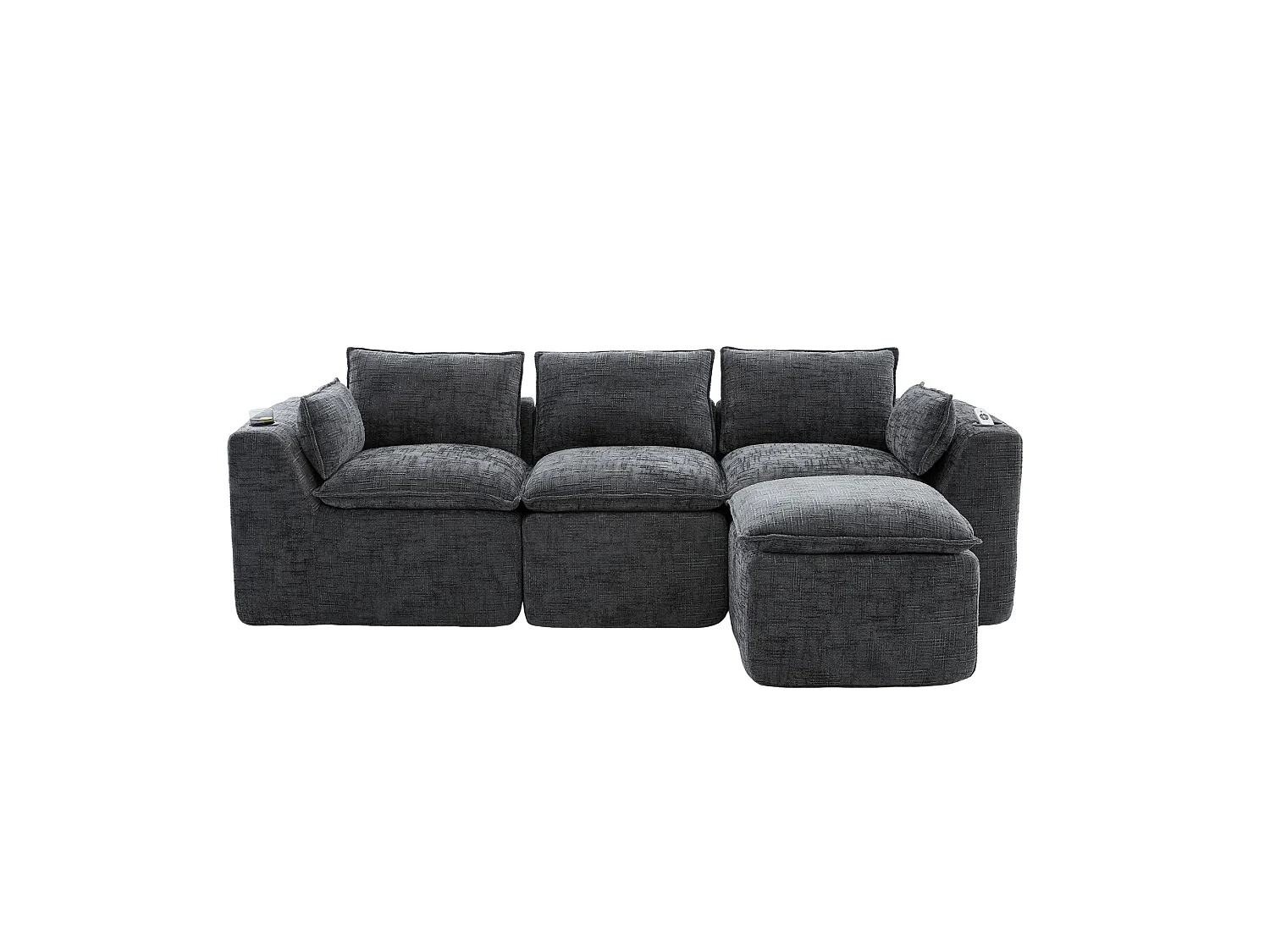 Canapé 3 places avec pouf en tissu chenille gris foncé