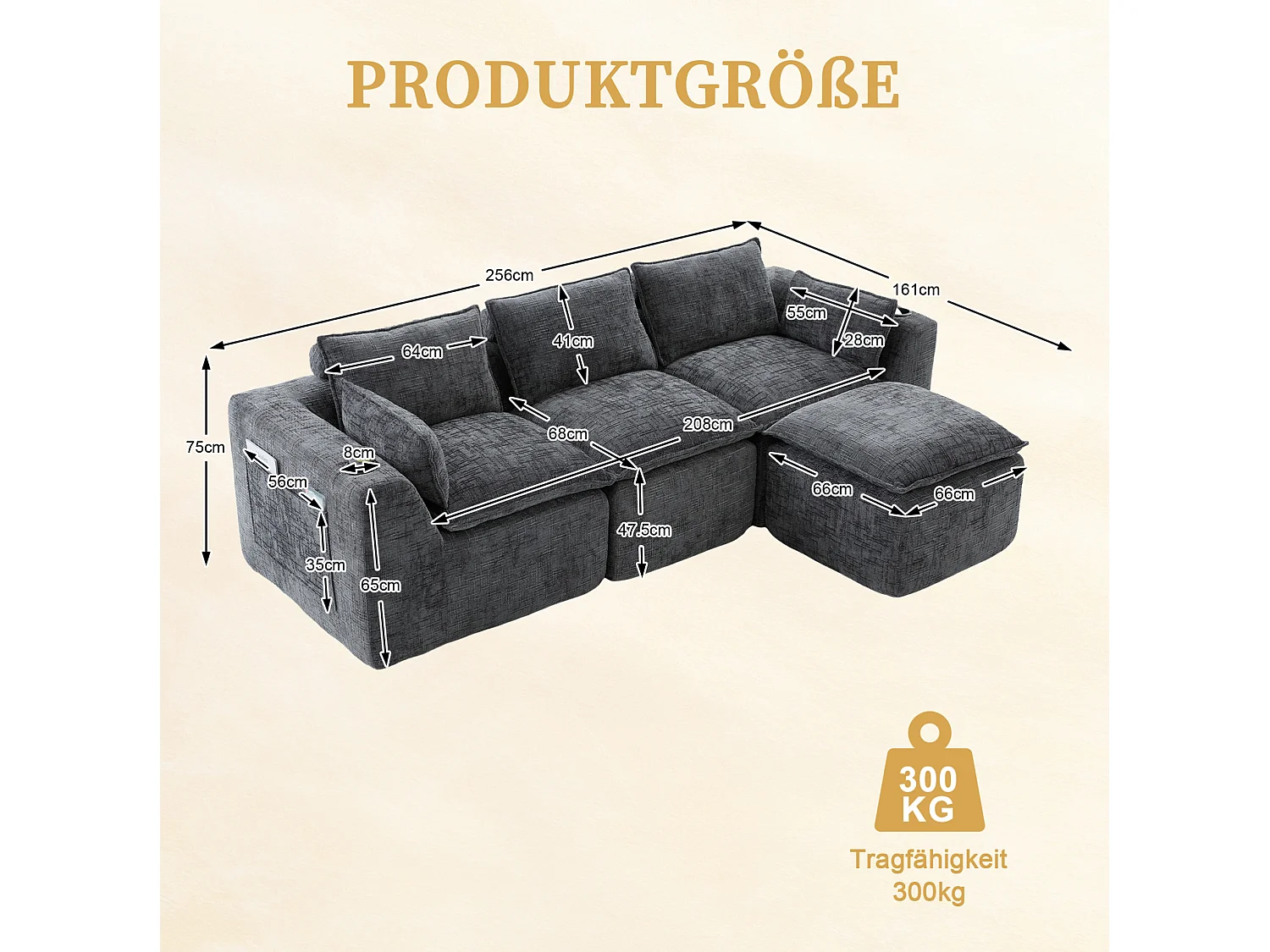 Canapé 3 places avec pouf en tissu chenille gris foncé