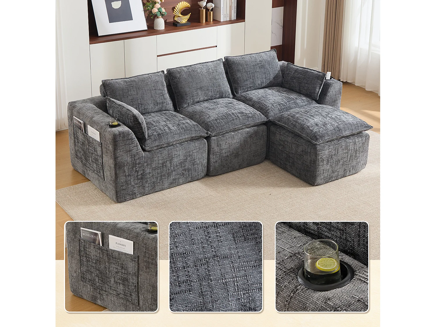Canapé 3 places avec pouf en tissu chenille gris foncé