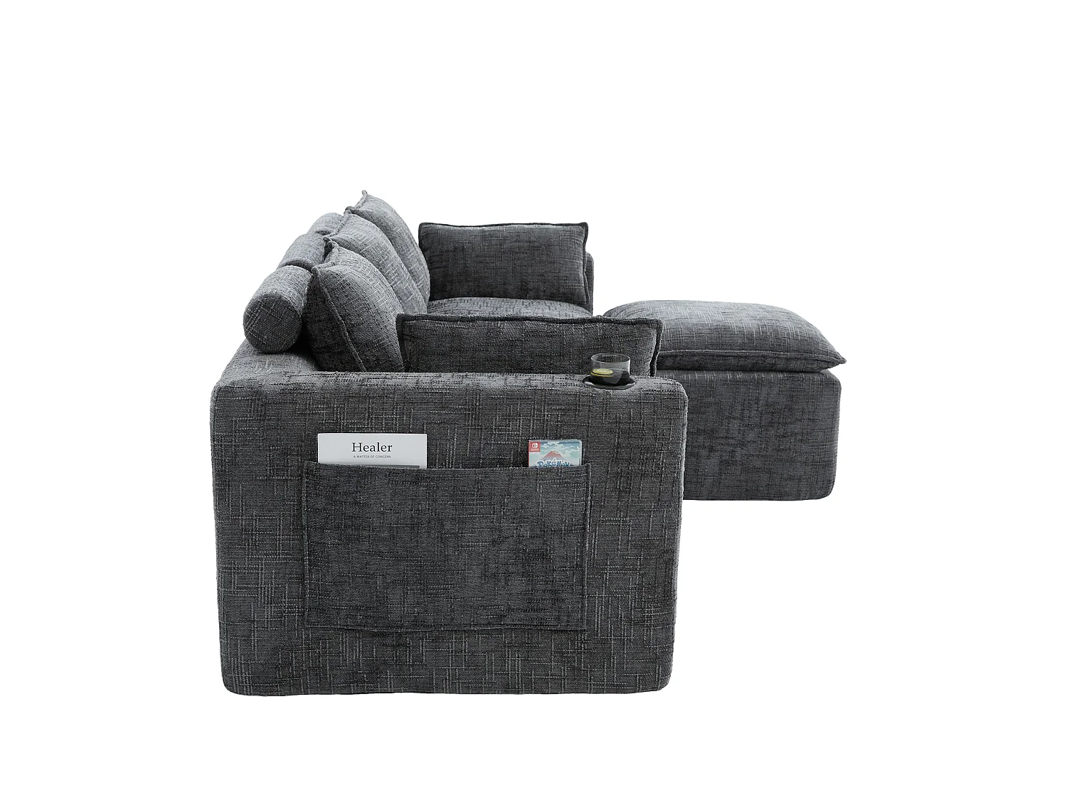 Canapé 3 places avec pouf en tissu chenille gris foncé
