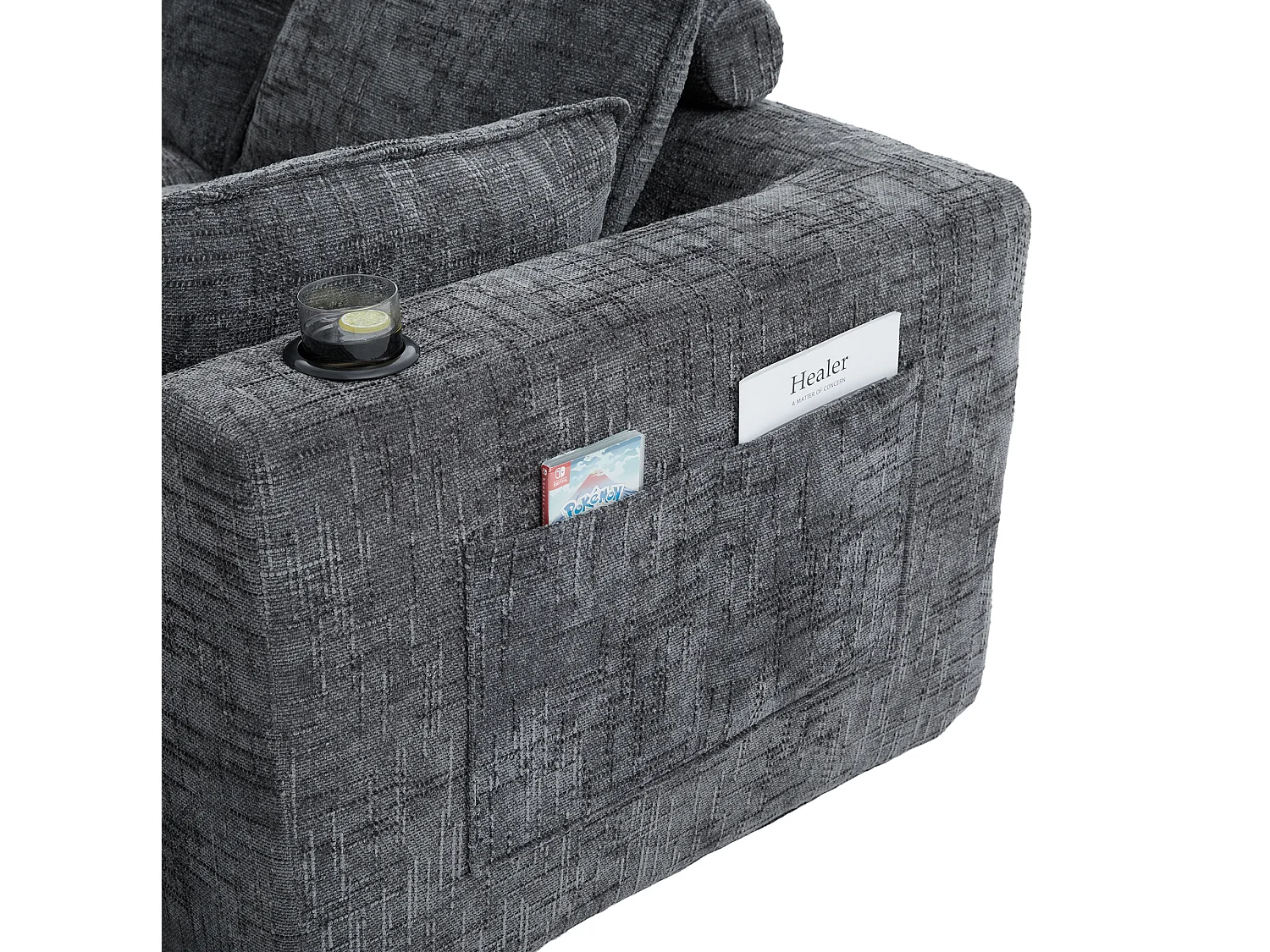 Canapé 3 places avec pouf en tissu chenille gris foncé
