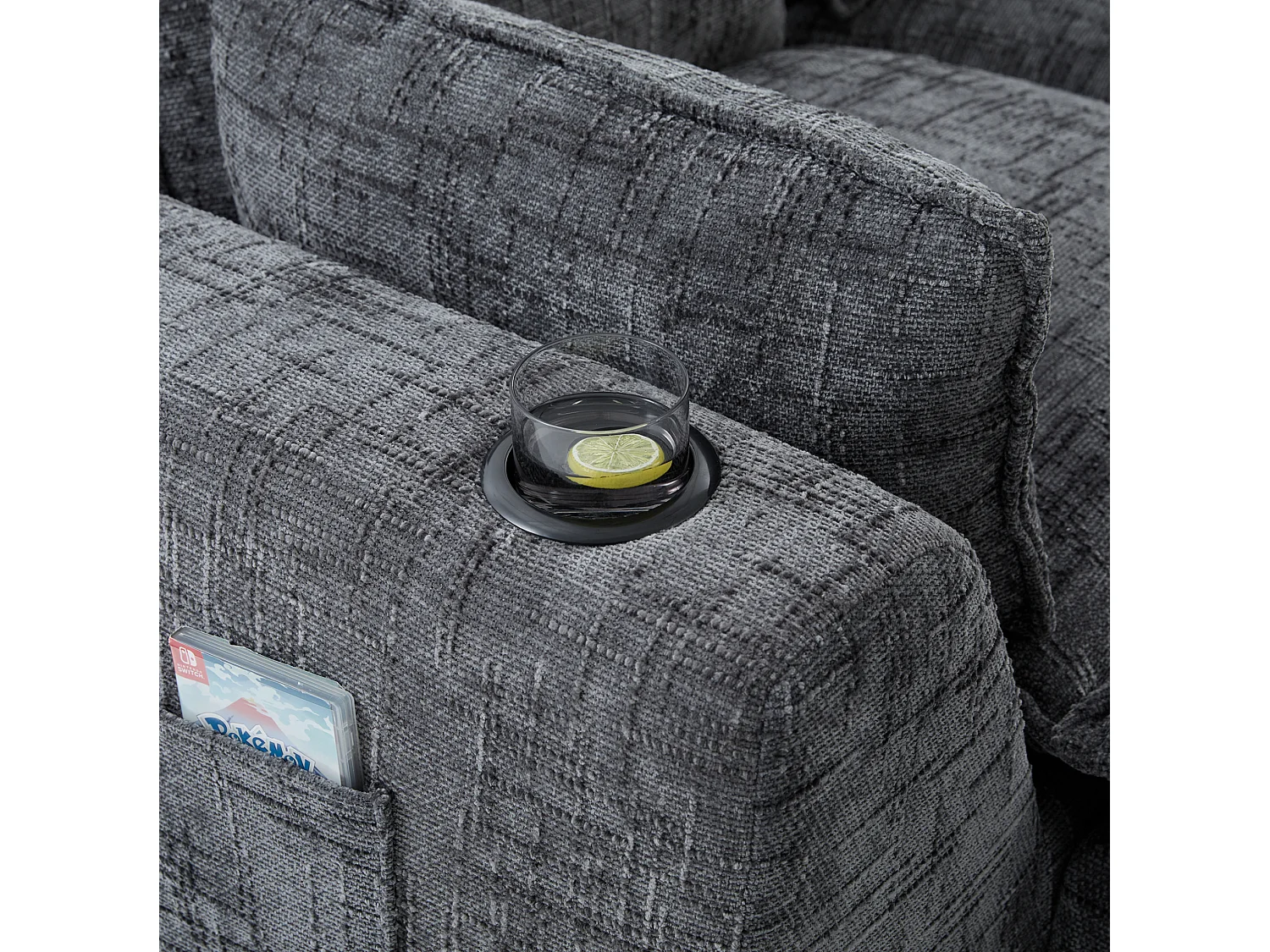 Canapé 3 places avec pouf en tissu chenille gris foncé