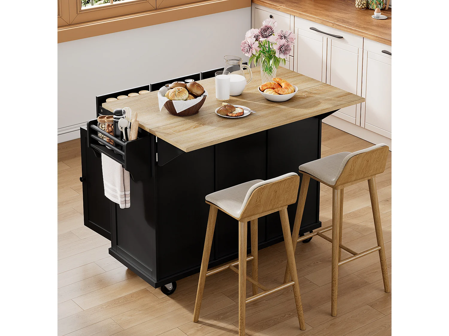 Îlot de cuisine à roulettes avec plateau extensible, 3 tiroirs et portes - Noir et bois