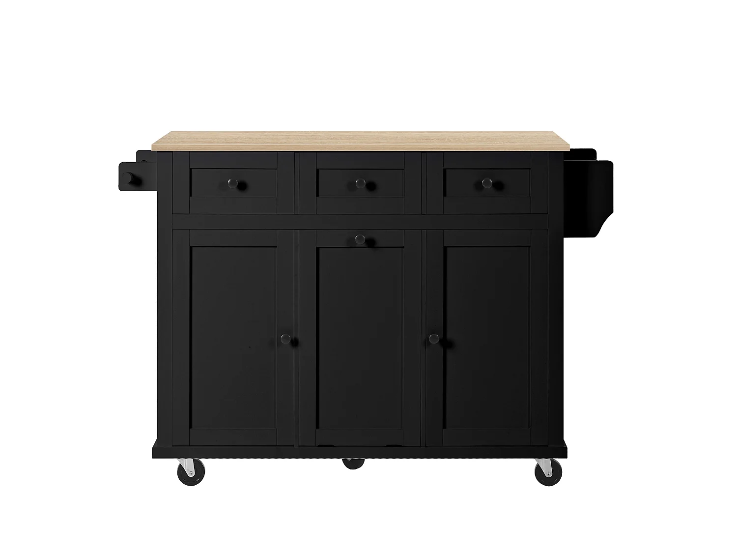 Îlot de cuisine à roulettes avec plateau extensible, 3 tiroirs et portes - Noir et bois