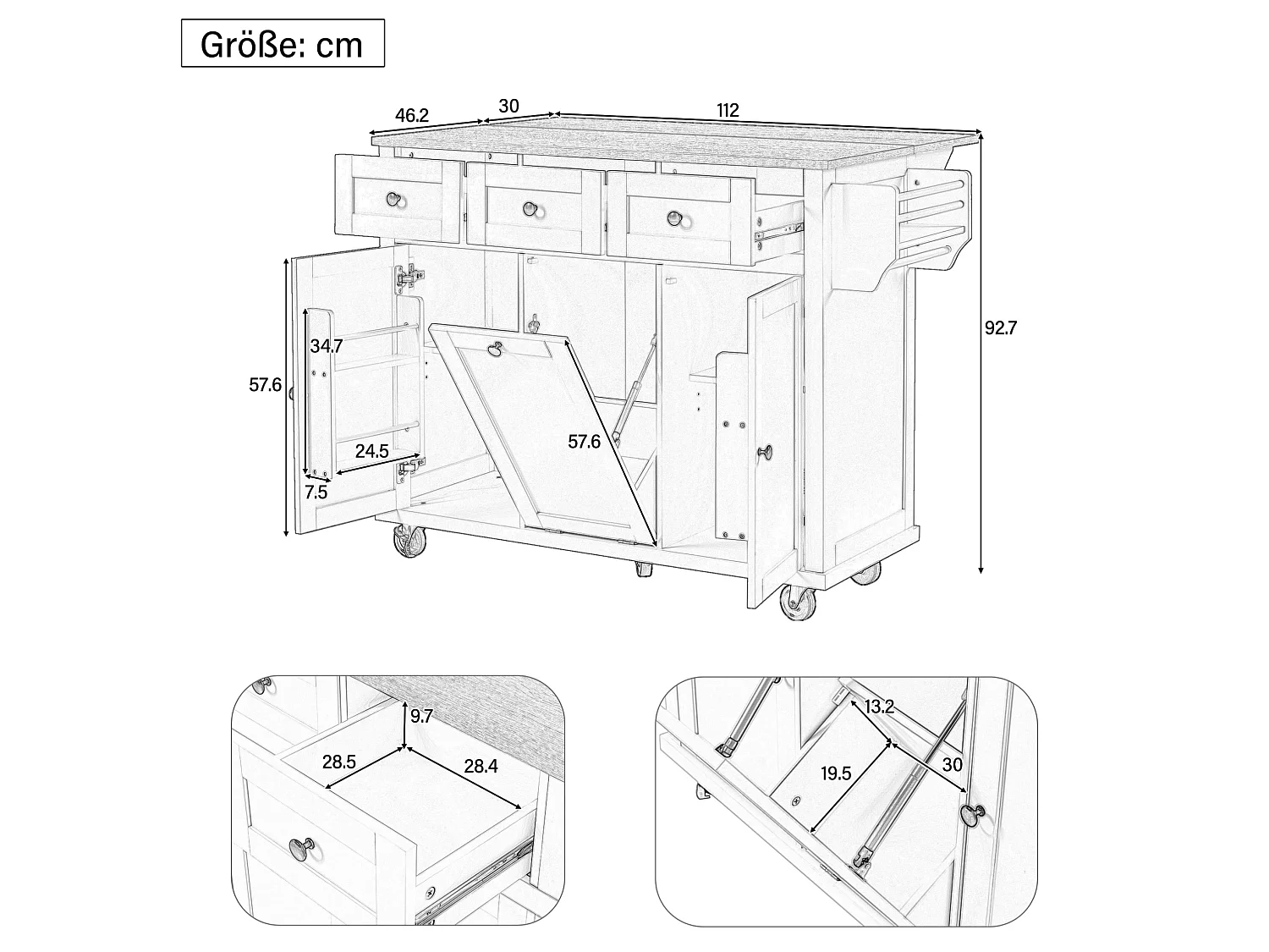 Îlot de cuisine à roulettes avec plateau extensible, 3 tiroirs et portes - Noir et bois
