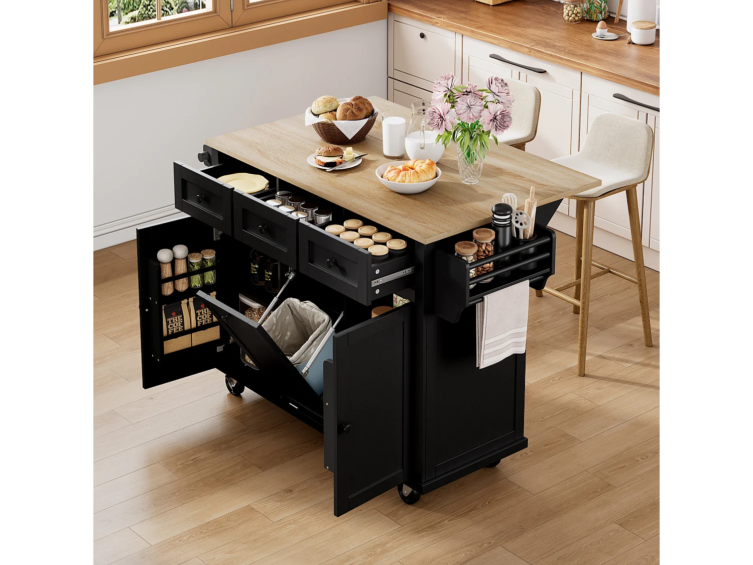 Îlot de cuisine à roulettes avec plateau extensible, 3 tiroirs et portes - Noir et bois