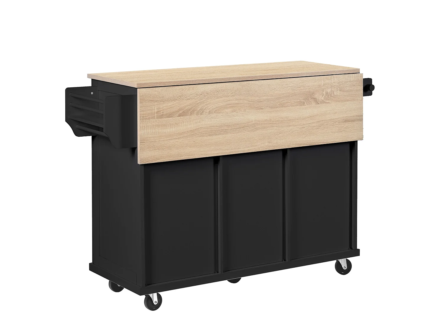 Îlot de cuisine à roulettes avec plateau extensible, 3 tiroirs et portes - Noir et bois