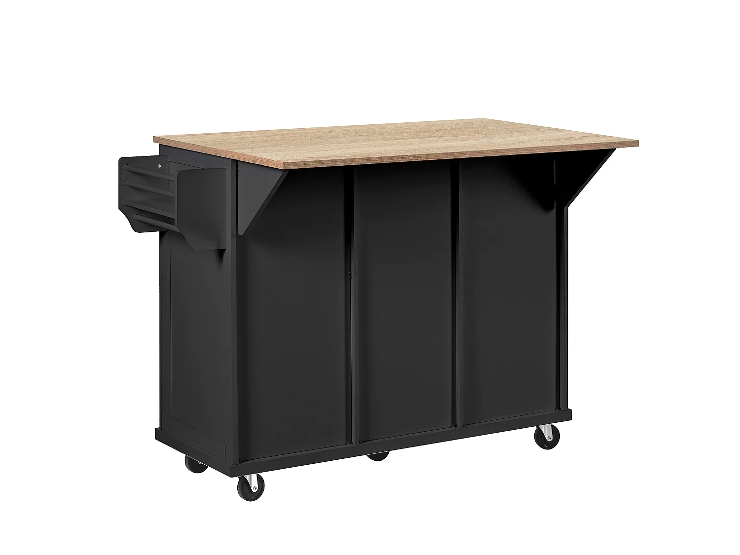 Îlot de cuisine à roulettes avec plateau extensible, 3 tiroirs et portes - Noir et bois