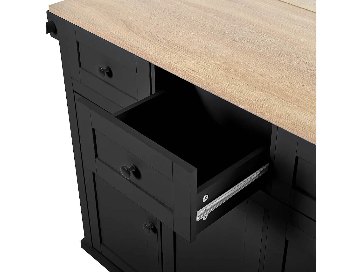 Îlot de cuisine à roulettes avec plateau extensible, 3 tiroirs et portes - Noir et bois