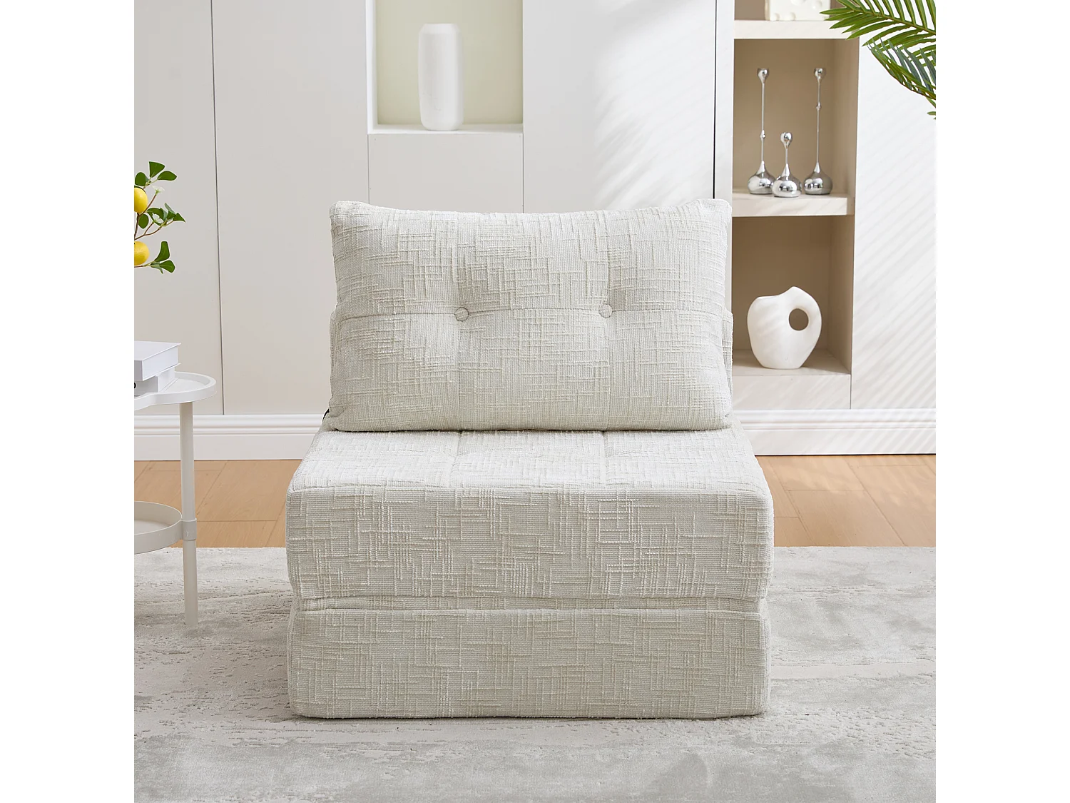 Opklapbare fauteuil van chenille met kussens - voor woonkamer en slaapkamer - beige