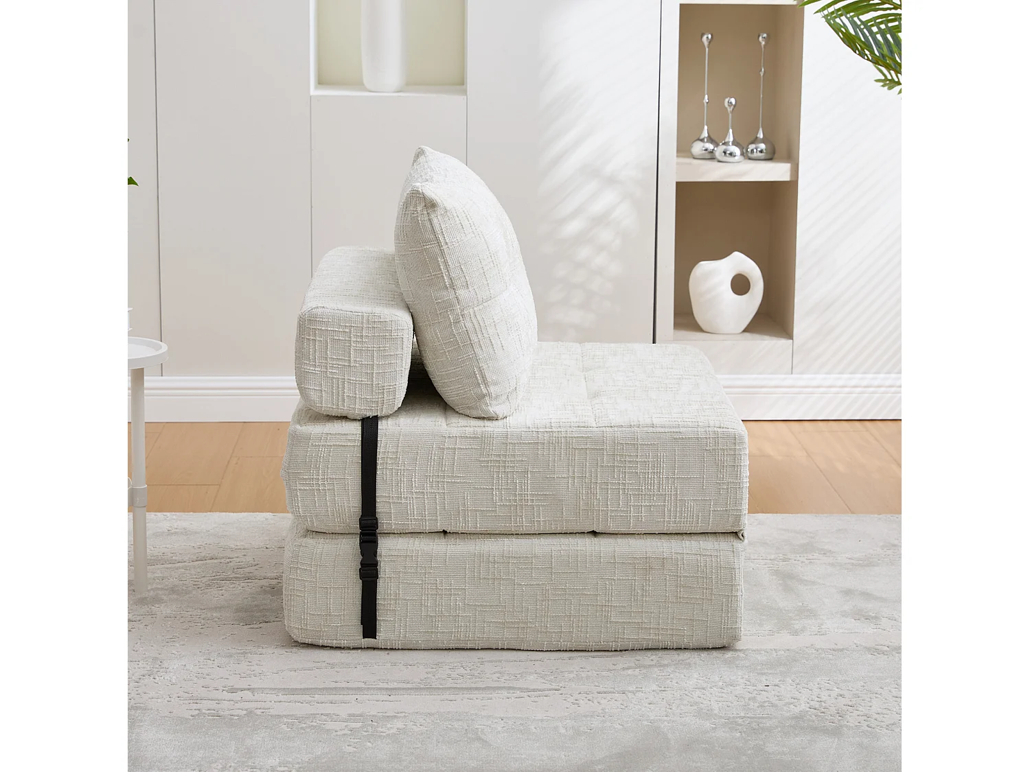 Opklapbare fauteuil van chenille met kussens - voor woonkamer en slaapkamer - beige