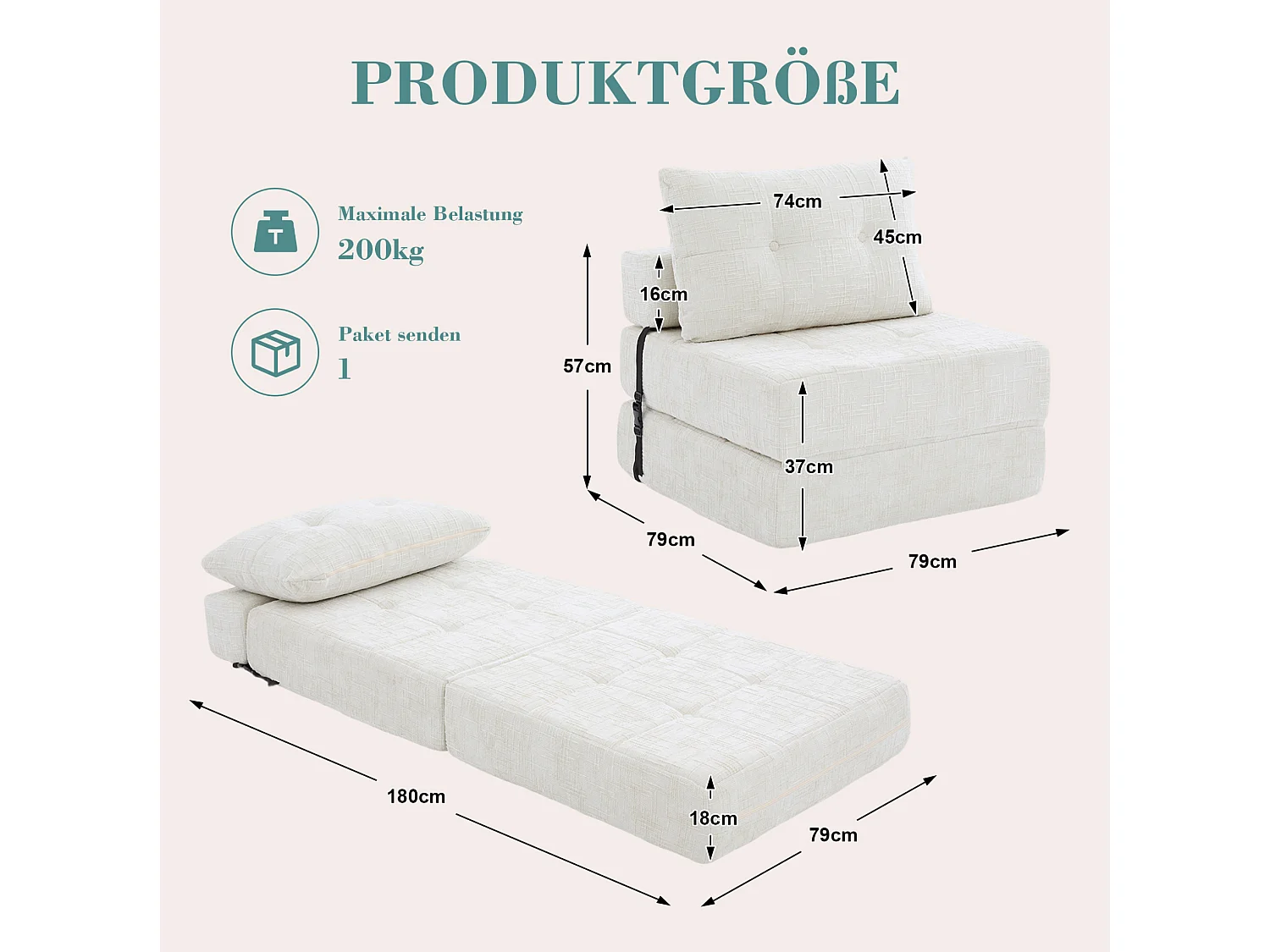 Opklapbare fauteuil van chenille met kussens - voor woonkamer en slaapkamer - beige