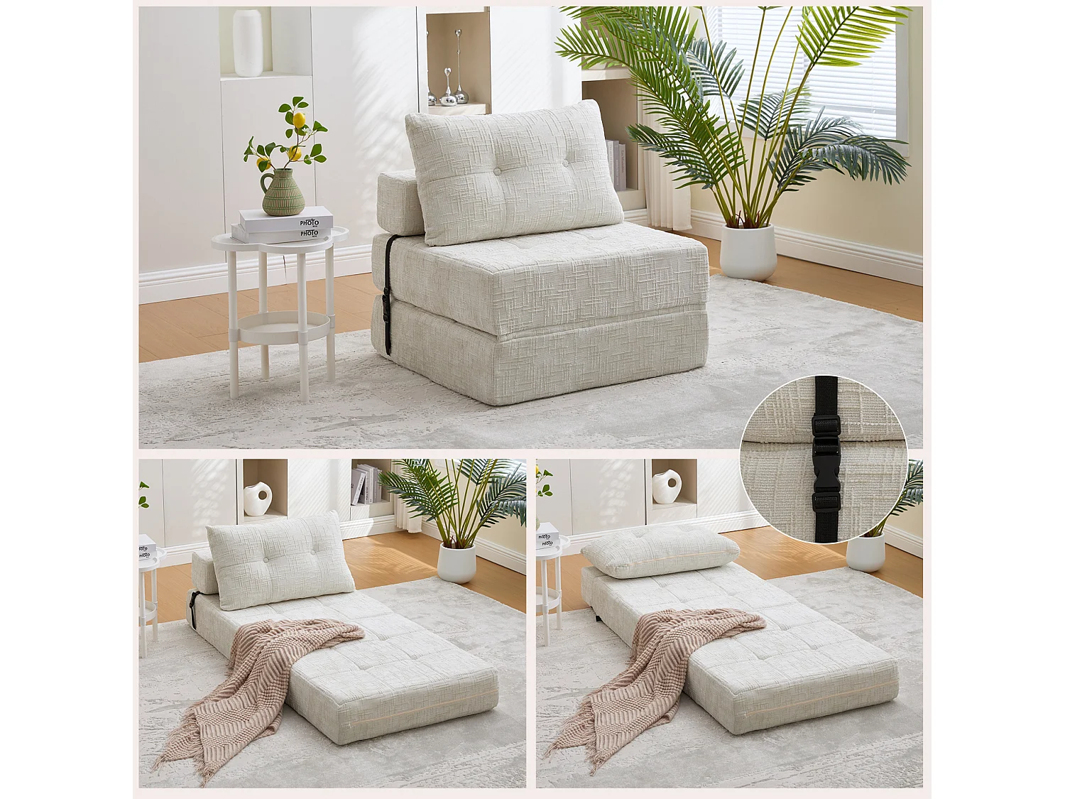 Opklapbare fauteuil van chenille met kussens - voor woonkamer en slaapkamer - beige