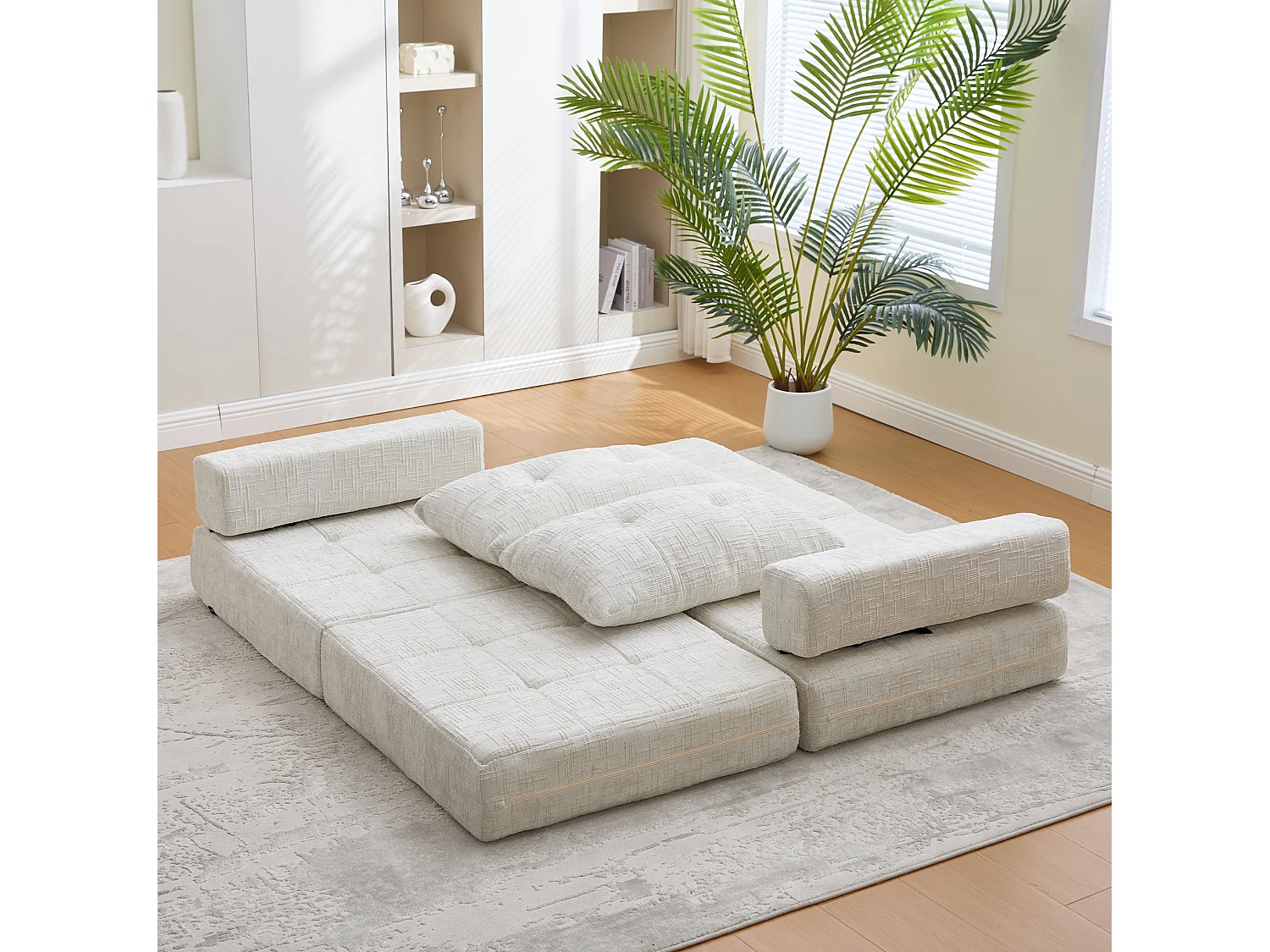 Opklapbare fauteuil van chenille met kussens - voor woonkamer en slaapkamer - beige