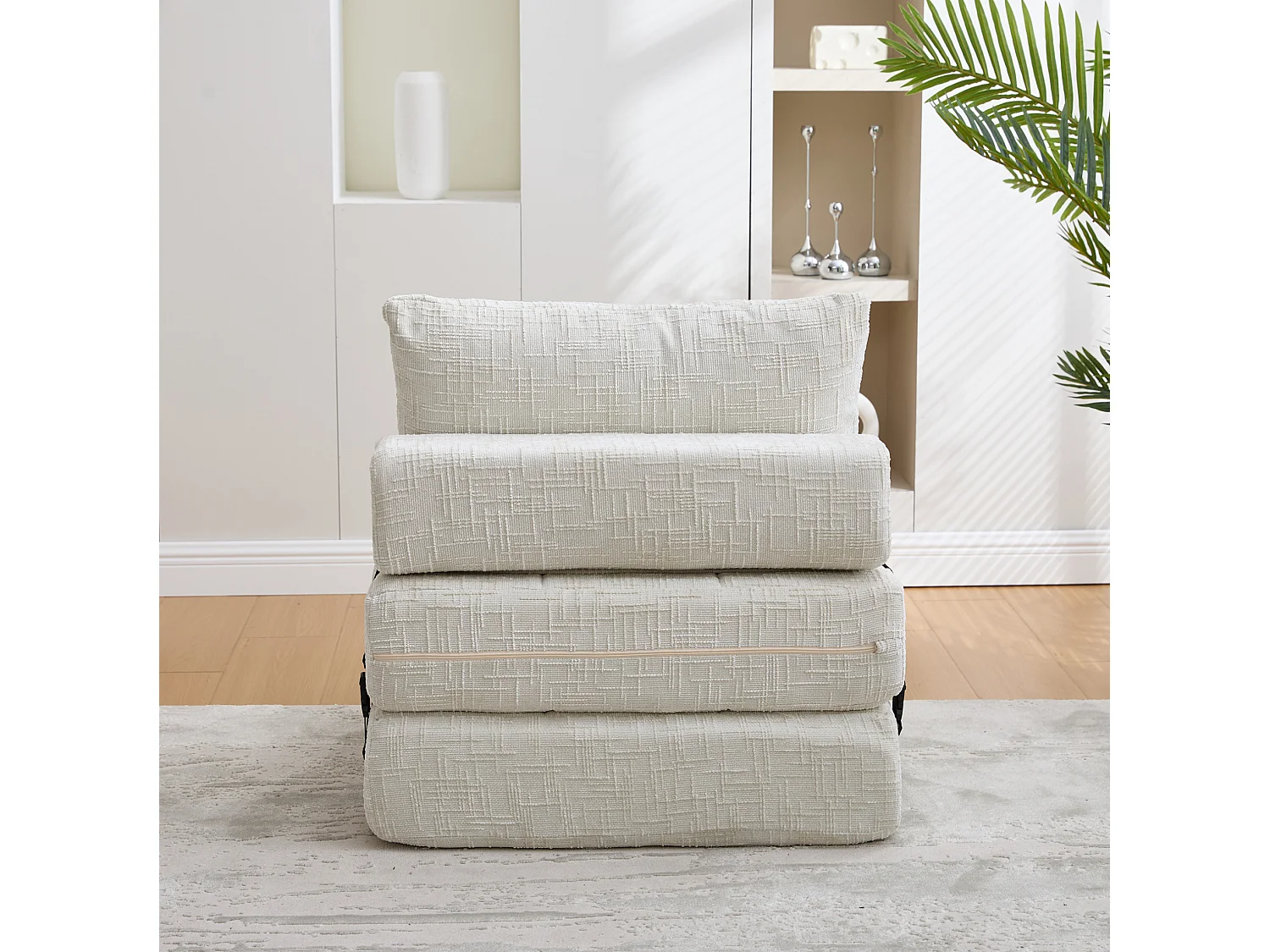 Opklapbare fauteuil van chenille met kussens - voor woonkamer en slaapkamer - beige