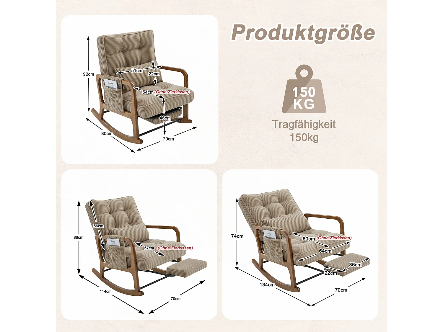 Rocking chair en velours côtelé avec repose-pieds et dossier réglable - Kaki