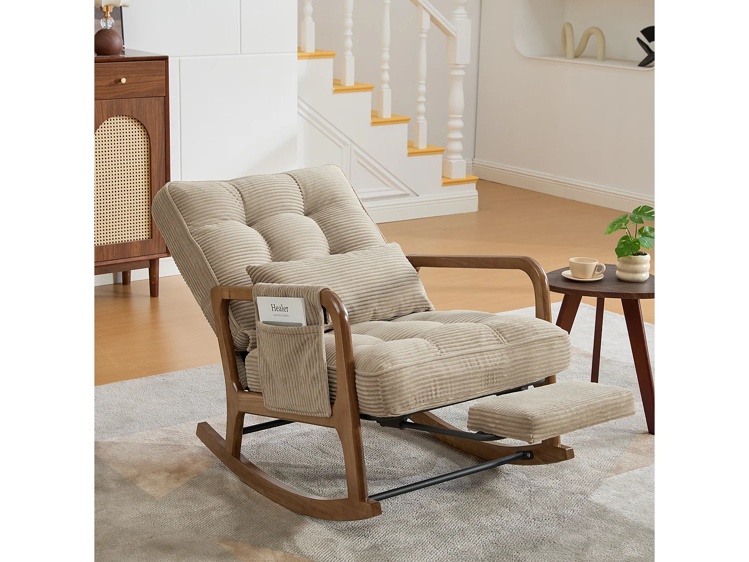 Rocking chair en velours côtelé avec repose-pieds et dossier réglable - Kaki