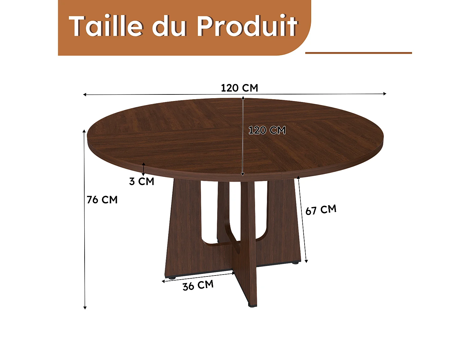 Table à manger ronde modulable de 120 cm en MDF - Pour 4 personnes - Marron