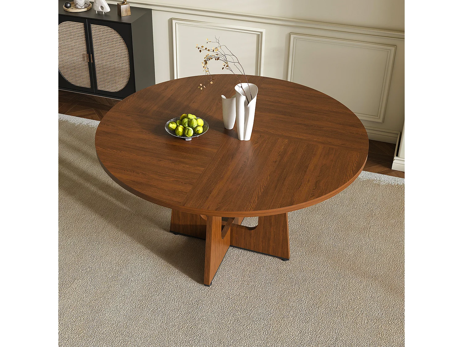 Table à manger ronde modulable de 120 cm en MDF - Pour 4 personnes - Marron