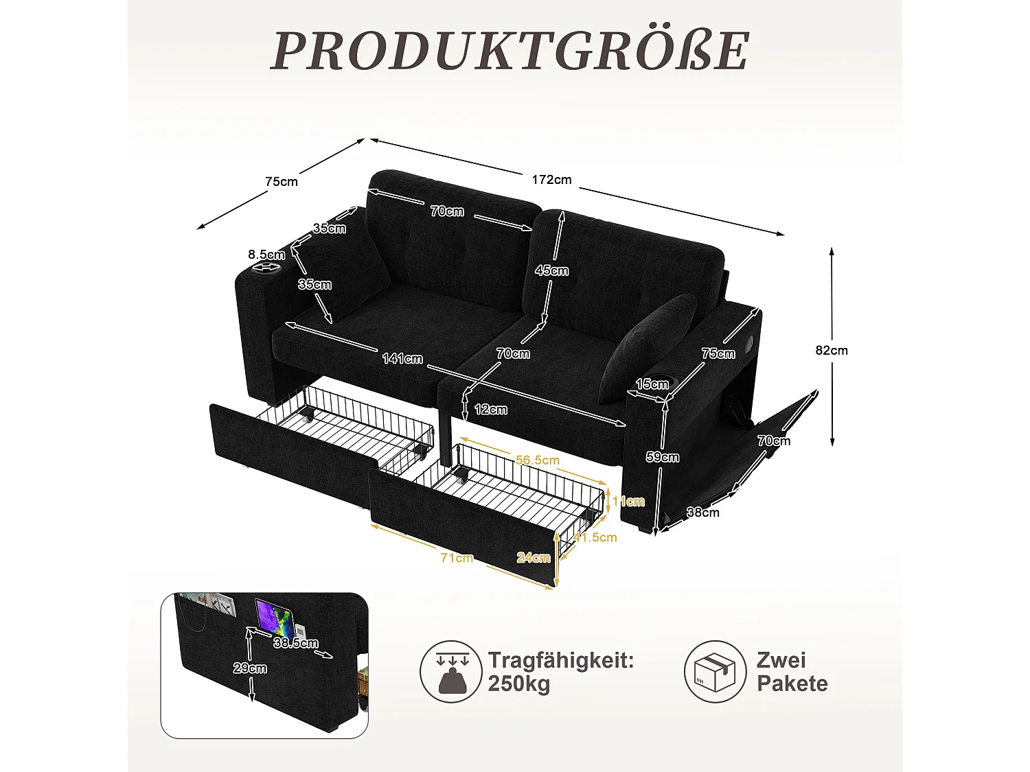 Tweezitsbank van chenille met twee lades, bekerhouders en USB-poorten - Zwart
