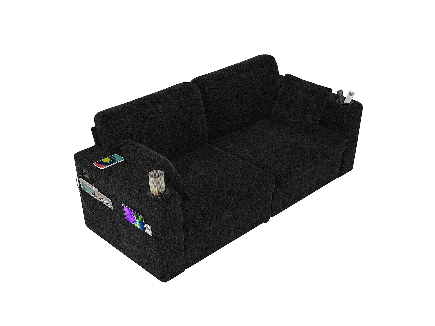 Tweezitsbank van chenille met twee lades, bekerhouders en USB-poorten - Zwart