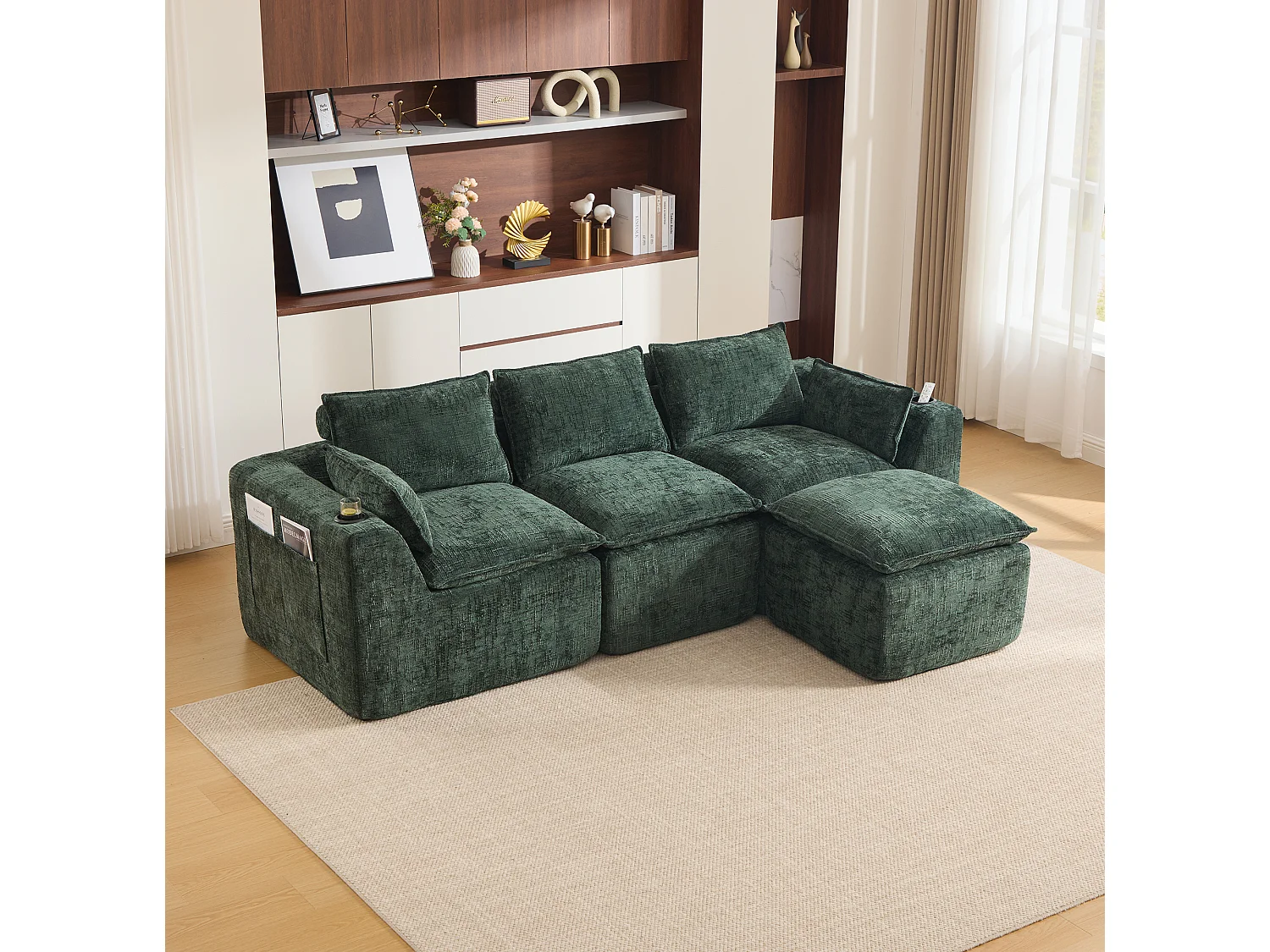 Canapé 3 places avec pouf en tissu chenille vert