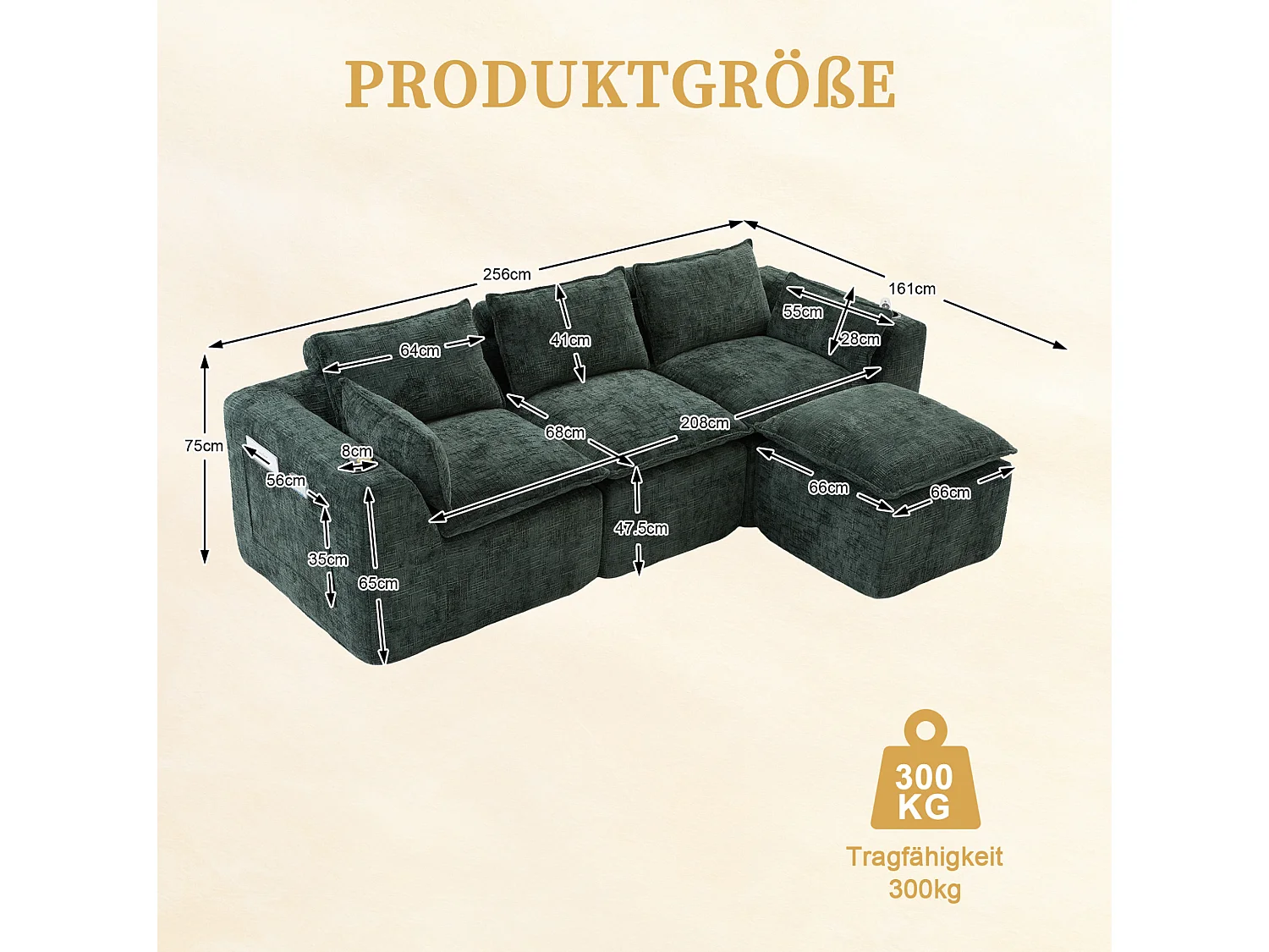 Canapé 3 places avec pouf en tissu chenille vert