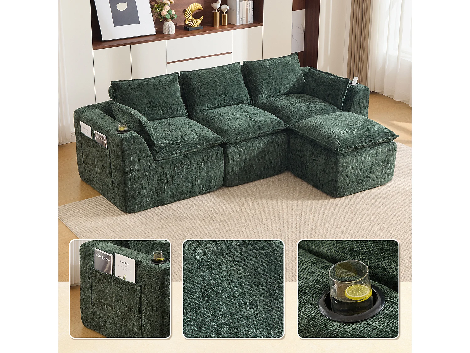 Canapé 3 places avec pouf en tissu chenille vert