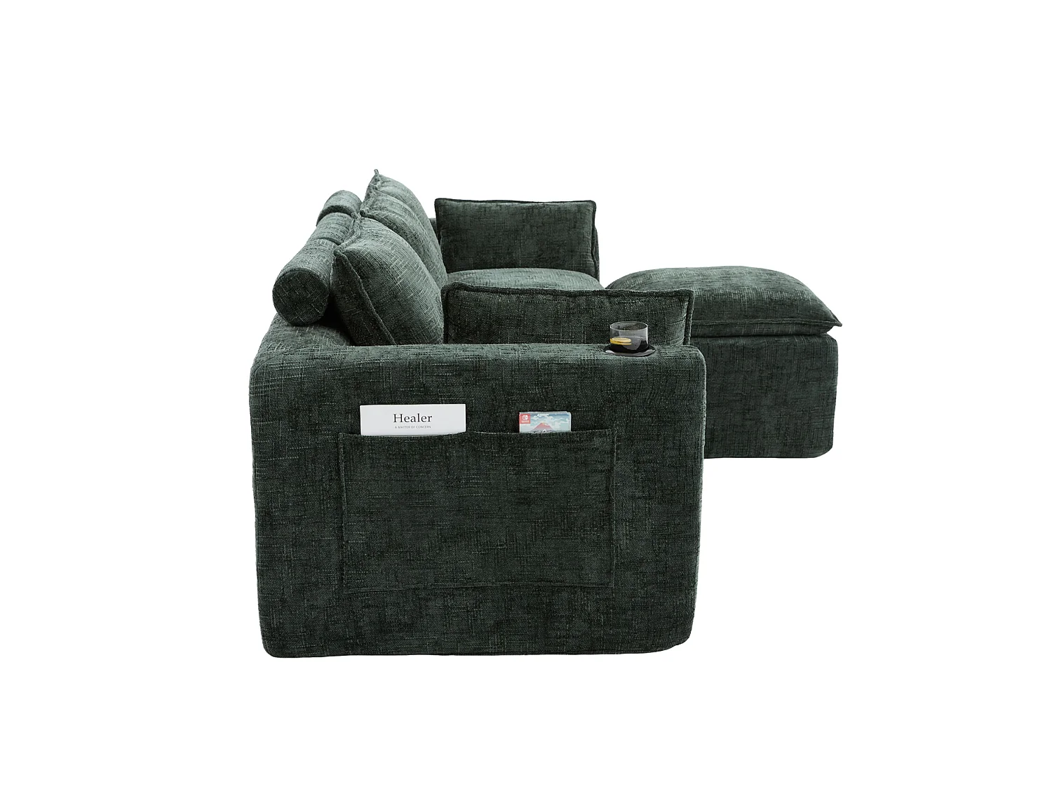 Canapé 3 places avec pouf en tissu chenille vert