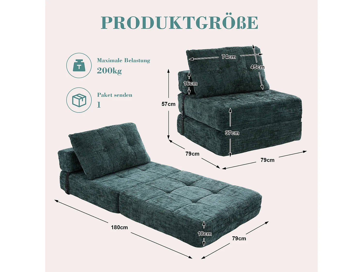 Opklapbare fauteuil van chenille met kussens - voor woonkamer en slaapkamer - smaragdgroen