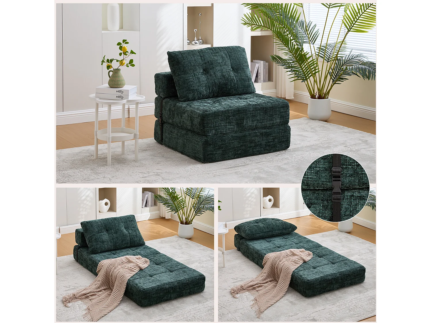 Opklapbare fauteuil van chenille met kussens - voor woonkamer en slaapkamer - smaragdgroen