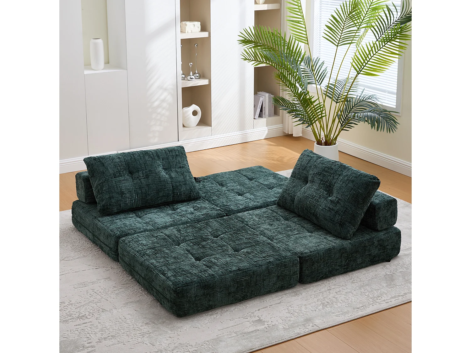 Opklapbare fauteuil van chenille met kussens - voor woonkamer en slaapkamer - smaragdgroen