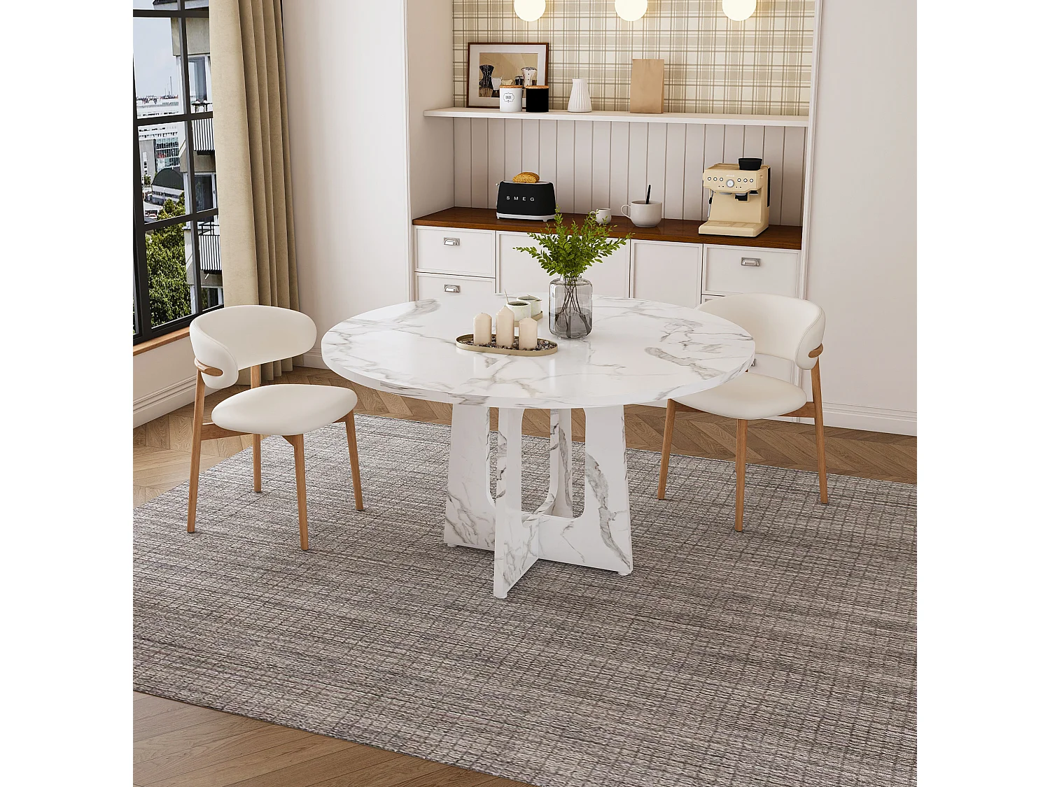 Table à manger ronde modulable de 120 cm en MDF - Pour 4 personnes - Blanc effet marbre