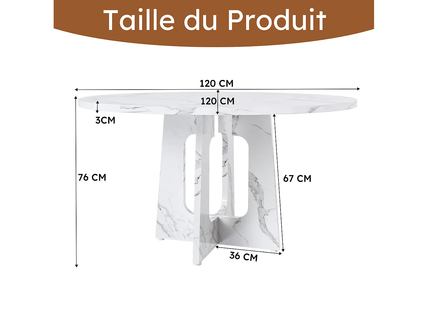 Table à manger ronde modulable de 120 cm en MDF - Pour 4 personnes - Blanc effet marbre